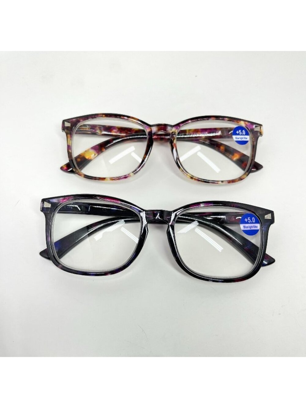Set Of 2 Reading Glasses +5.0 Blue Light Filter Square Frame Floral & Tortoise